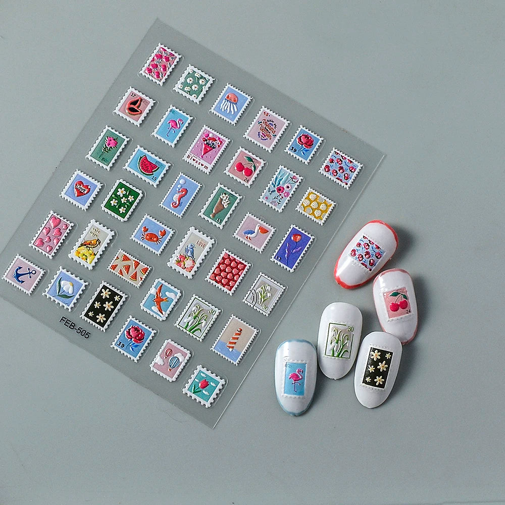 Post Stamp Design Nail Sticker Adhesive Sliders Textured Engraved Decoration Supplies FEB-505