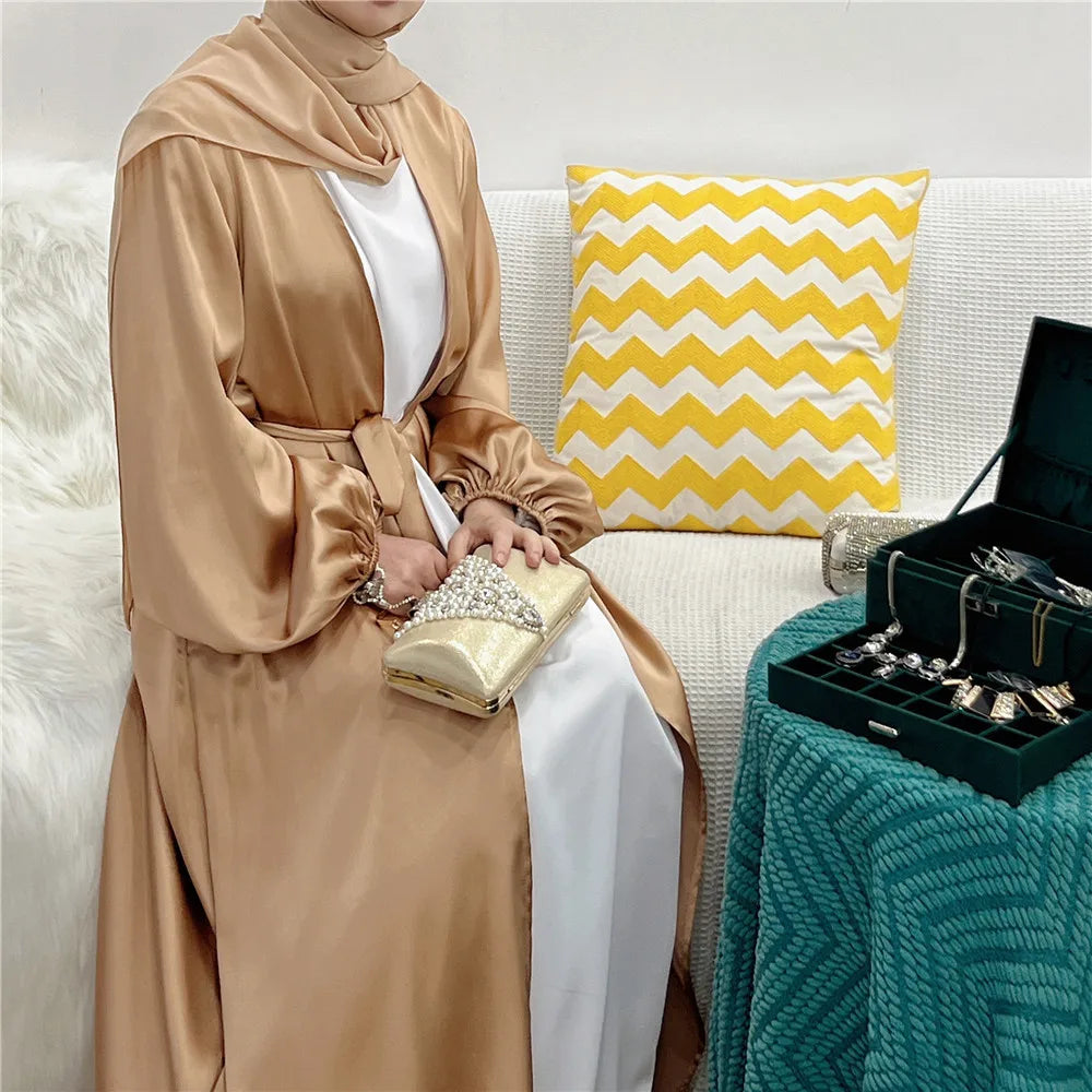 Ramadan Eid Fashion Silky Satin Muslim Abayas Robe Musulmane Abaya Cardigan Muslim Arab Worship Service Clothing Wy836