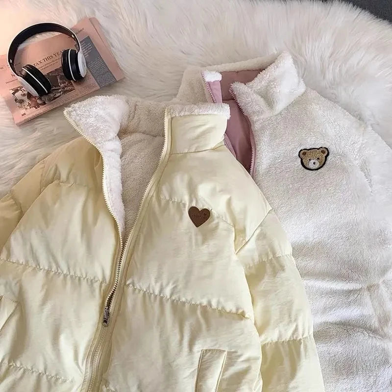 JMPRS Cute Embroidery Women Parkas Coat Winter Thick Hairy Korean Loose Warm Jacket Double Sided Design Pink Student Clothes