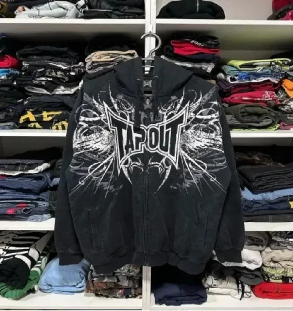 American Y2K vintage hoodies gothic pattern zip up hoodie winter womens mens hip hop long sleeve coats loose hooded sweatshirt