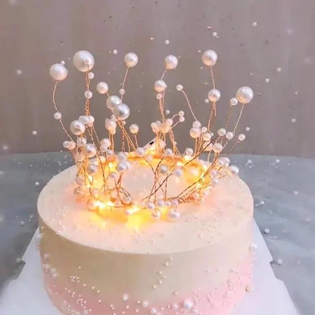 Shiny Handmade Pearl Princess Crown Cake Topper Wedding Decorating Bride and Groom Happy Birthday Hat Decoration
