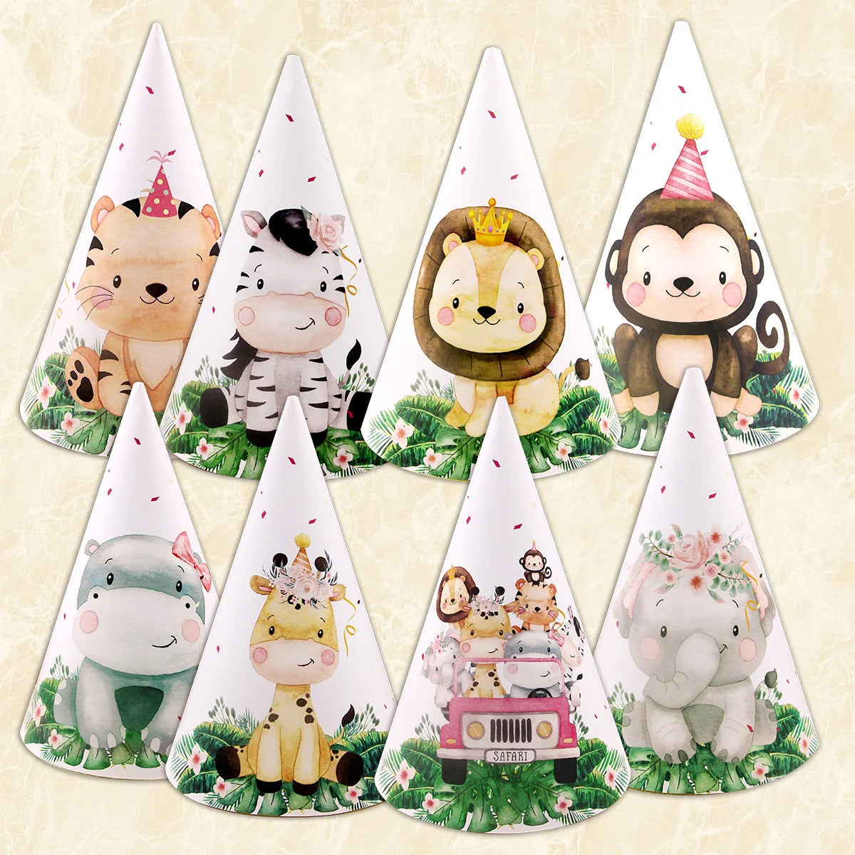 8pcs/set Carton Animal Paper Hat Tiger Lion Party Hats For Kids Jungle Safari Happy Birthday Decoration Baby Shower Supplies
