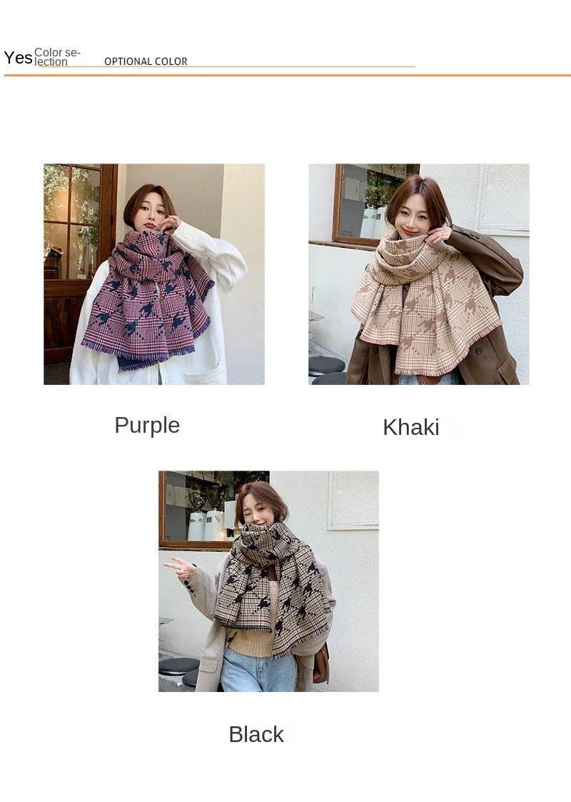 Fashion Brand Cashmere Scarf Women Winter Autumn Houndstooth Plaid Long Pashmina Cold Day Double-sided Tassel Thick Shawl Ladies