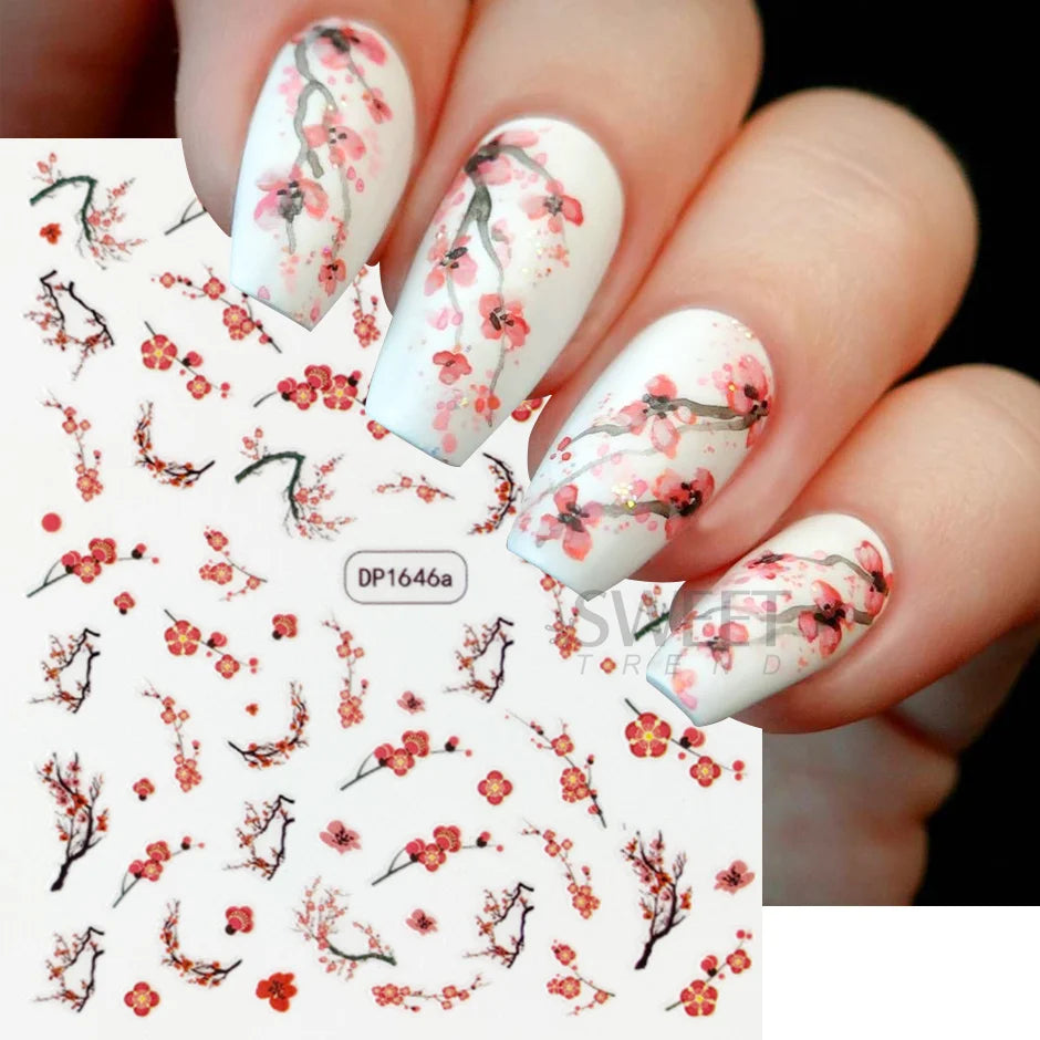 5D Pink Cherry Blossoms Sakura Nails Sticker Flower Vine Spring Nail Art Design Adhesive Sliders Elegant Manicure Decor Decals