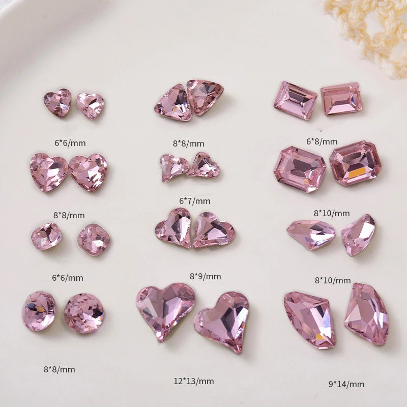 10pcs Pink Mixed Shape Heart Nail Rhinestones Point Bottom Gems Nails Crystal Parts UV Gel Polish Decoration Nail Accessories