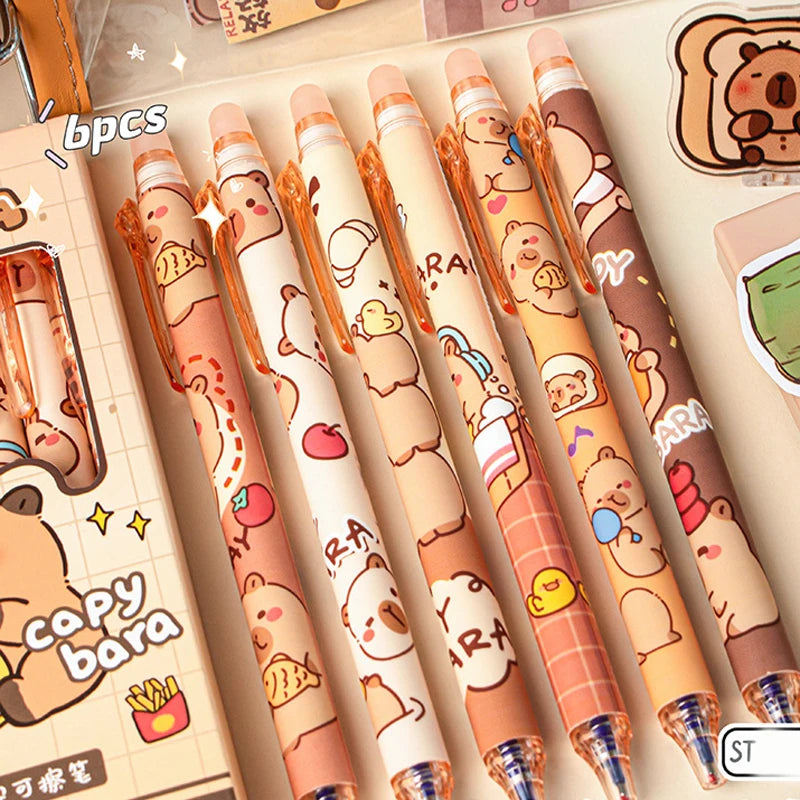 6pcs Cute Capybara Erasable Pen Blue Ink Writing Smooth Quick-Drying Office Accessories Elegant Pens Cute Japanese Stationery