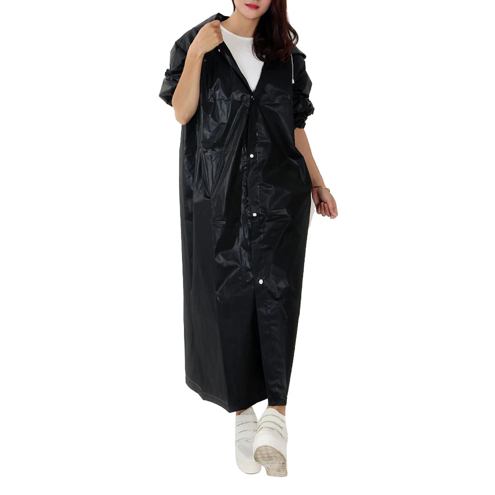 Adults Raincoat Waterproof Breathable Black Rain Suit Hooded Drawstring Clothes Rainwear Women Men Hiking Climbing Black