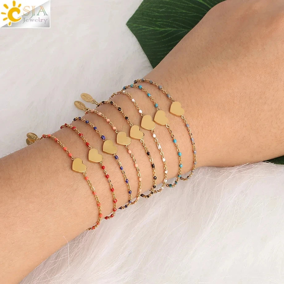 CSJA Fashion Thin Chain Stainless Steel Bracelet for Women Gold Color Cross Charm Enamel Bracelets Summer Jewelry Gift T100