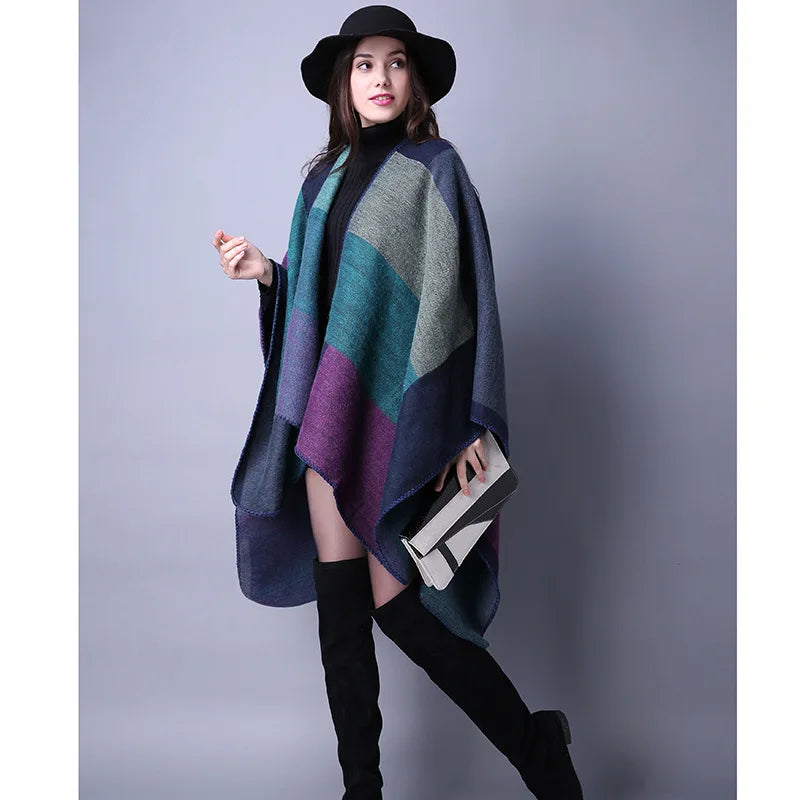 Thicken Winter Shawl Wraps Cape Women Fall Ponchos Plus Size Block Plaid Open Front Sweater Fleece Scarf Coat Holiday Outfits