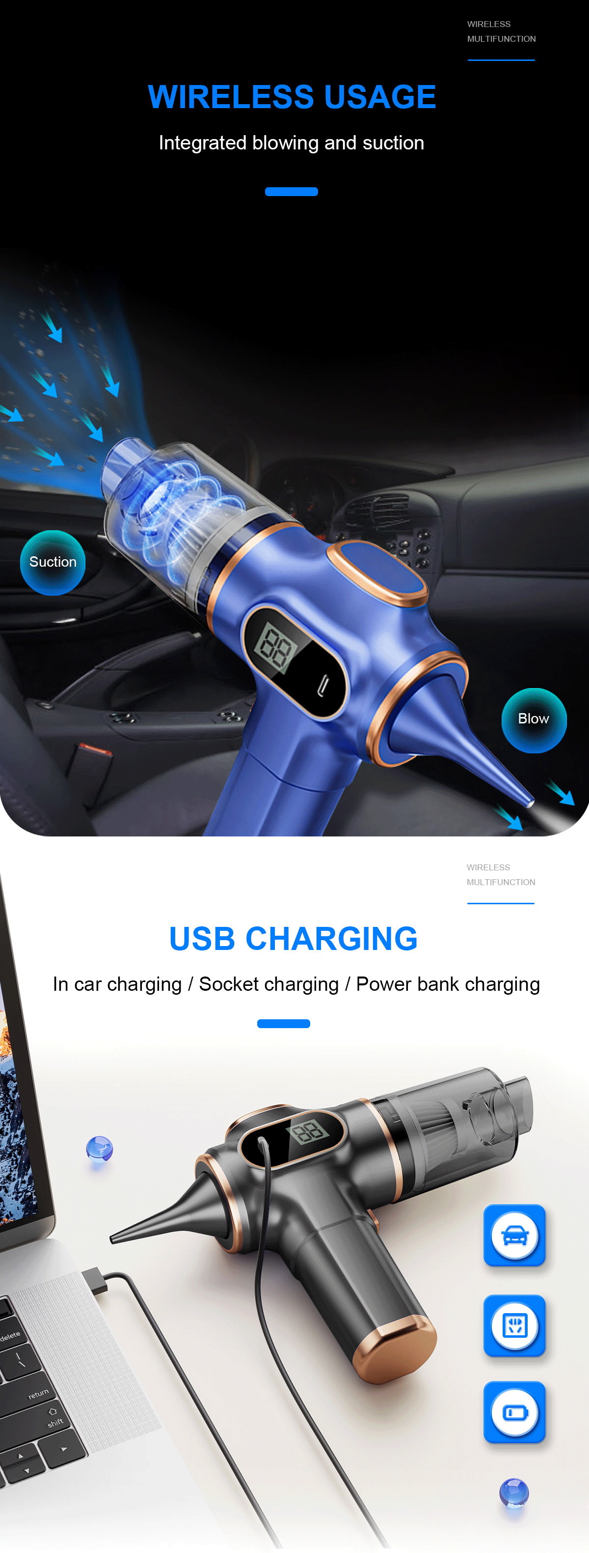 Car portable blow-svacuum cleaner Car and home Usb charging High power strong suction handheld small wireless car vacuum cleaner