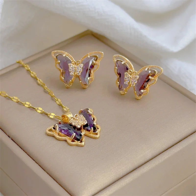 Fashion European and American Cute Micro-inlaid Butterfly Necklace Earrings Set Classic Light Luxury Transparent Stainless Steel