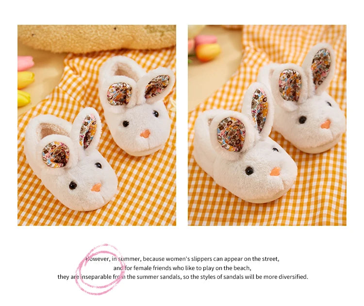 Children Indoor Slippers Winter Warm Cotton Shoes Kids Home Floor Slippers Cartoon Rabbit Anti-slip Boys Girls Plush Footwear