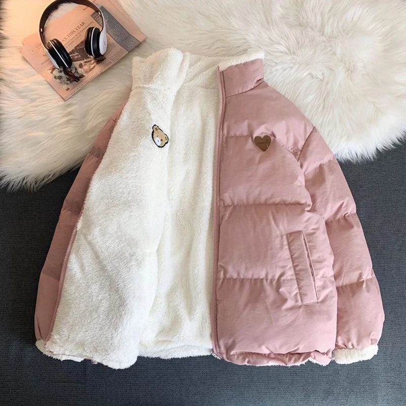 JMPRS Cute Embroidery Women Parkas Coat Winter Thick Hairy Korean Loose Warm Jacket Double Sided Design Pink Student Clothes