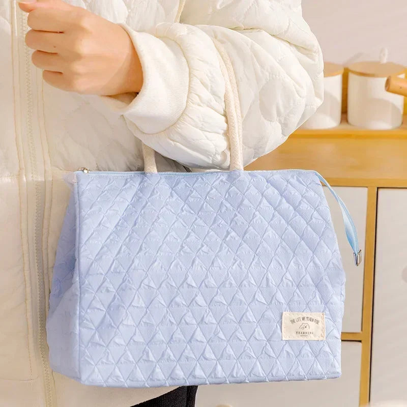 Solid Colour Women Waterproof Tote Bag Insulation Food Bag for Office Lunch Box Bag New Fashionable Simple Large Capacity