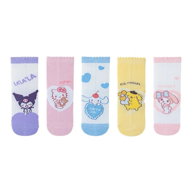 5 Pairs Sanrio Kids Socks Kuromi Kawaii New Fall Winter Cartoon Girl Children Mid-calf Socks Cotton Sock for Girls Gifts