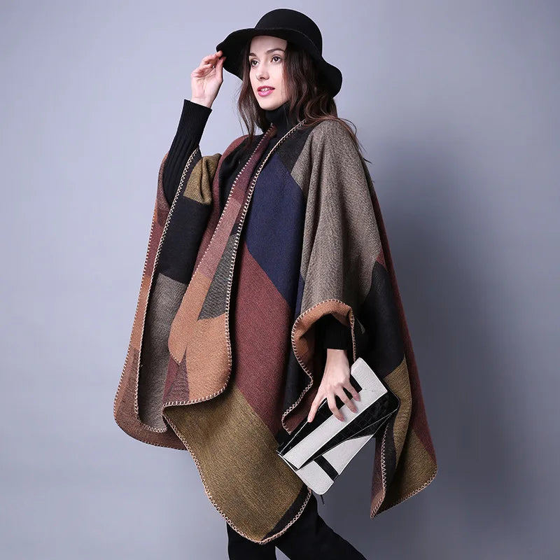 Thicken Winter Shawl Wraps Cape Women Fall Ponchos Plus Size Block Plaid Open Front Sweater Fleece Scarf Coat Holiday Outfits