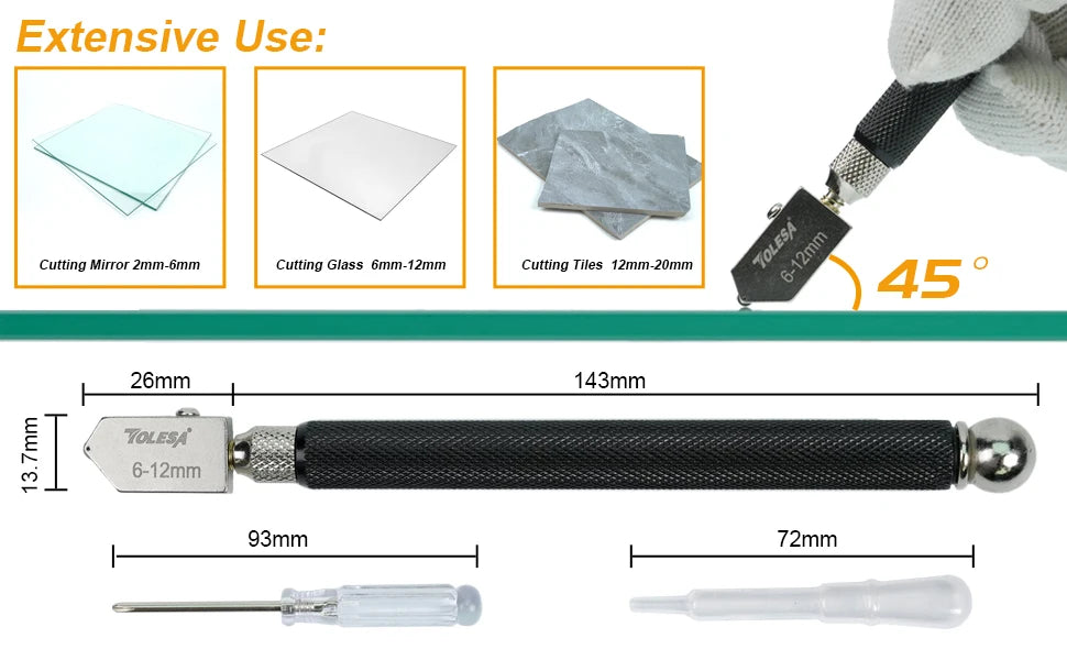 TOLESA Glass Cutter 2mm-20mm Kits, Glass Cutting Tool with Aotomatic Oil Feed and Box, Glass Cutter for Mirrors/Tiles/Mosaic