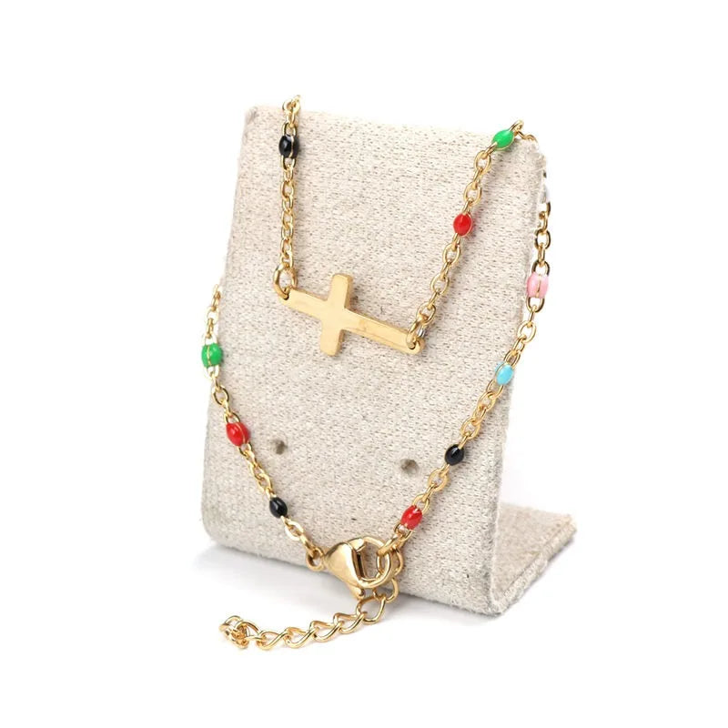 Religious Stainless Steel Cross Charms Bracelets Women Girls Gold Color Metal Link Chains Party Club Jewelry Gifts,18cm Long