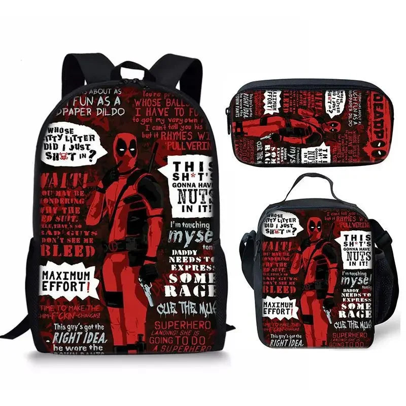 3Pcs Set Deadpools School Bags Pencil Cases Meal Bag Boys' Backpack Schools Supplies Learning Stationery Kids Customizable Gifts