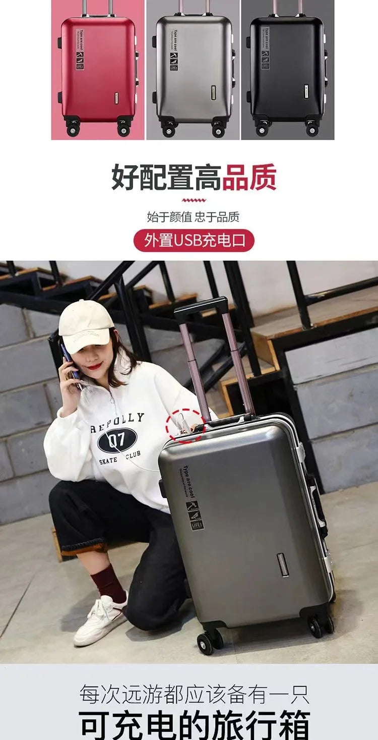 Aluminium Frame Suitcase on Wheels Business Zipper Carry-on Cabin Suitcase USB Port 28-inch Luggage Carrier Trolley Case