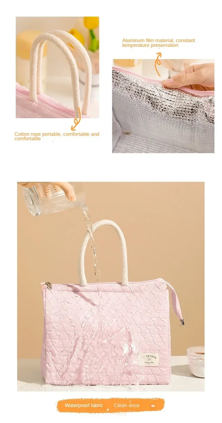 Solid Colour Women Waterproof Tote Bag Insulation Food Bag for Office Lunch Box Bag New Fashionable Simple Large Capacity