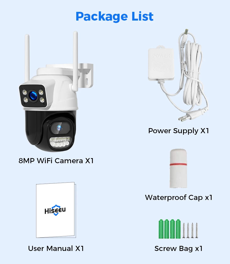 Hiseeu Wifi Surveillance Camera, Dual Lens, 4X Digital Zoom, AI Human Detect, ONVIF, Outdoor Security PTZ IP Cameras, 4K, 8MP