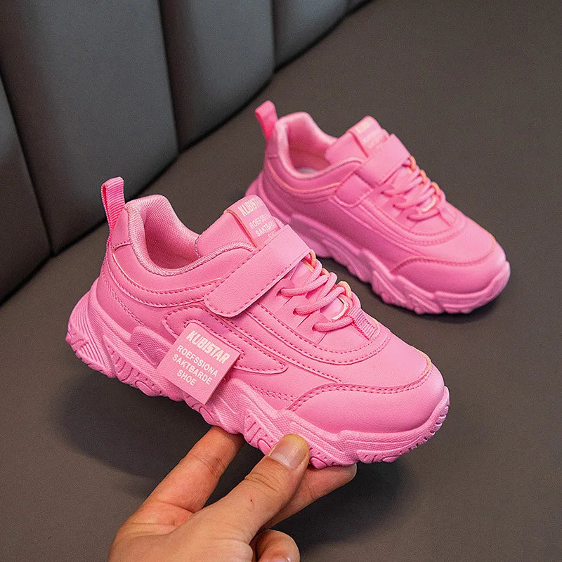 Spring New Kids Sneakers 2023 PU Girls Casual Mesh Solid Pink Light Boys White Hook & Loop Children Non-slip Sports Shoe Fashion