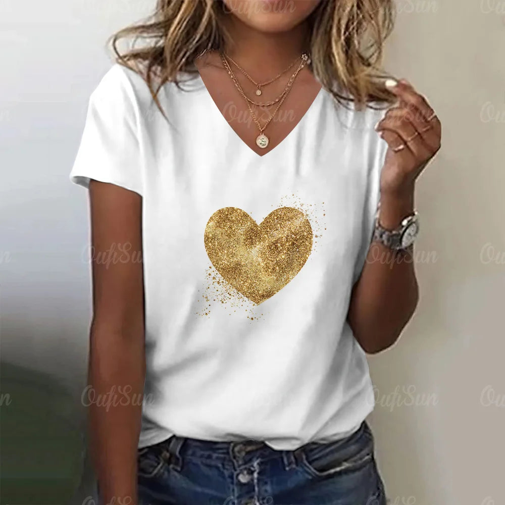 Fashion Women's T Shirt Love Print V-neck Female Short Sleeve Harajuku Tops Ladies T-shirts Oversized Tee Shirt Women Clothing