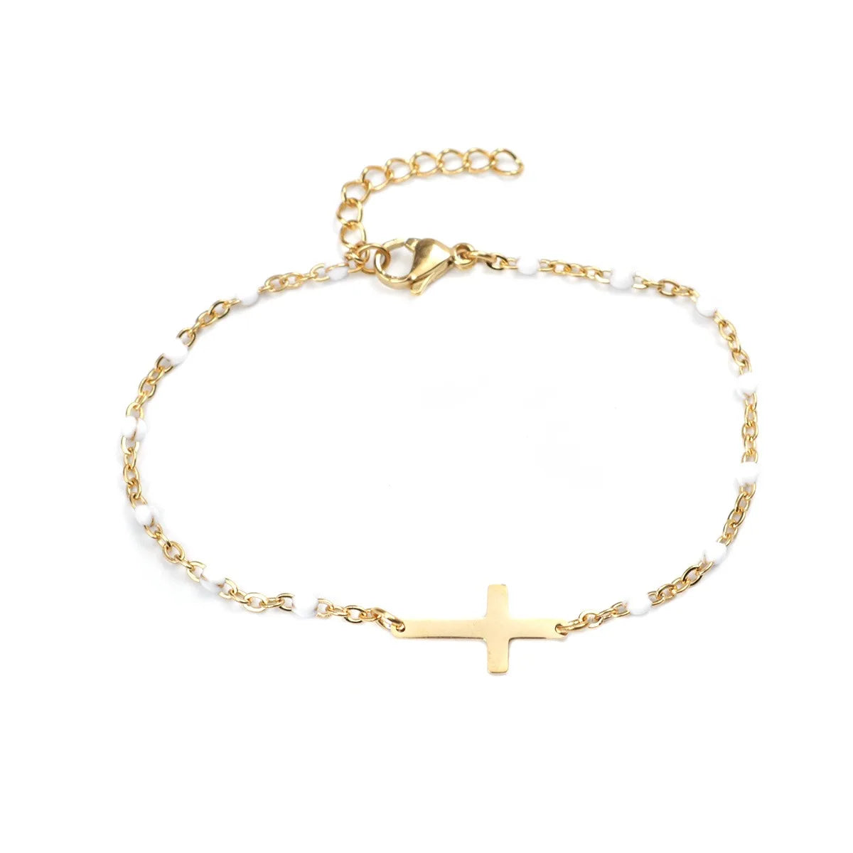 Religious Stainless Steel Cross Charms Bracelets Women Girls Gold Color Metal Link Chains Party Club Jewelry Gifts,18cm Long