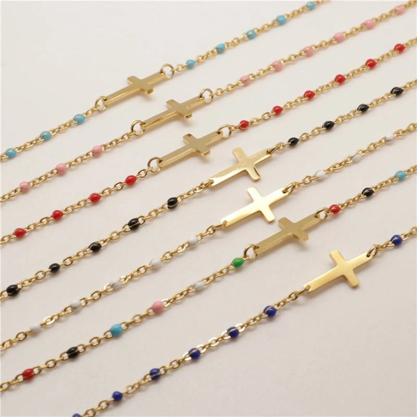 Religious Stainless Steel Cross Charms Bracelets Women Girls Gold Color Metal Link Chains Party Club Jewelry Gifts,18cm Long
