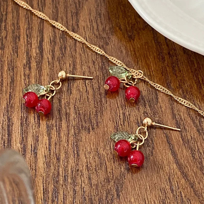 Exquisite Cherry Red Necklace And Earring Set For Women Fashionable Personalized Daily Accessory Party Jewelry Birthday Gifts