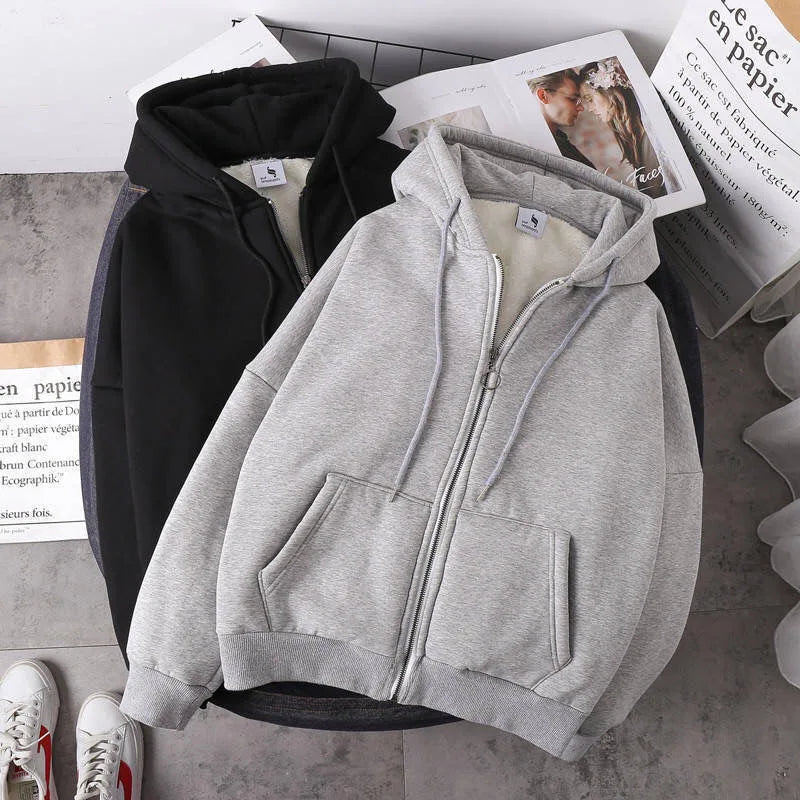 Ready Stock Women Coat Plush Jackets Solid Color Velvet Thick Warm Winter Hoodies Coat Zipper Sweatshirt Tops Winter Plus Size
