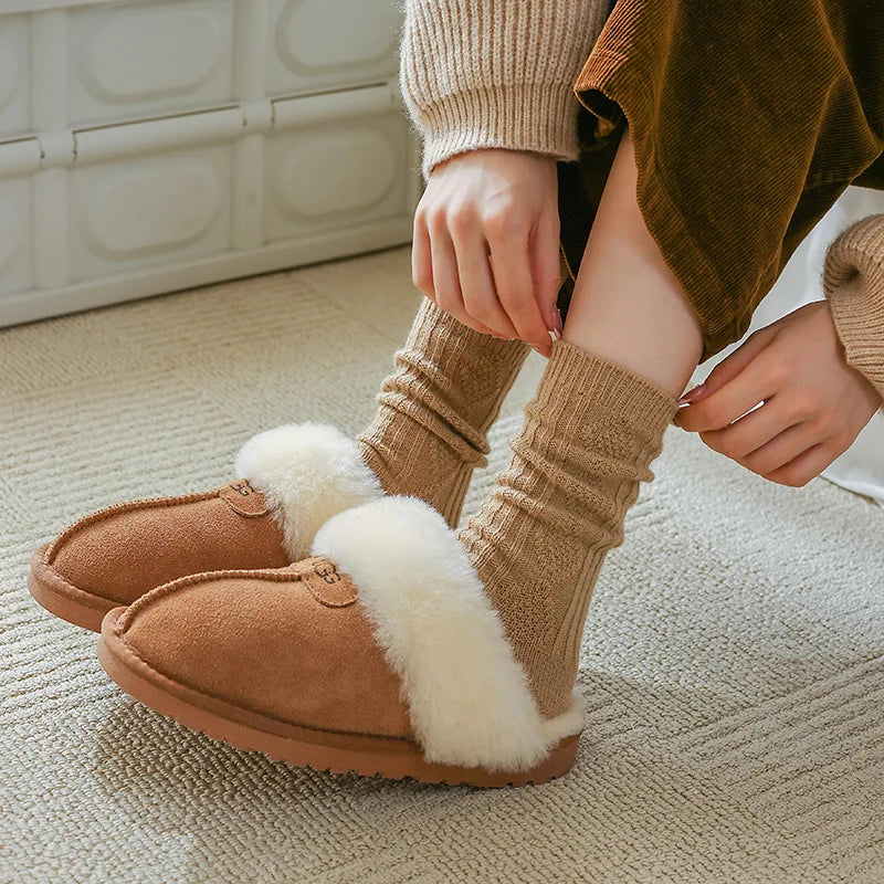 Autumn and Winter Diamond Check Wool Socks Coffee Color with Solid Color Women's Socks in The Tube Women's Warm Cotton Socks