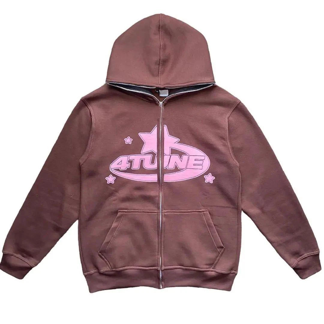4tune full zipper sweatshirt American youth cardigan zipper jacket retro y2k hoodie women's casual loose sweatshirt