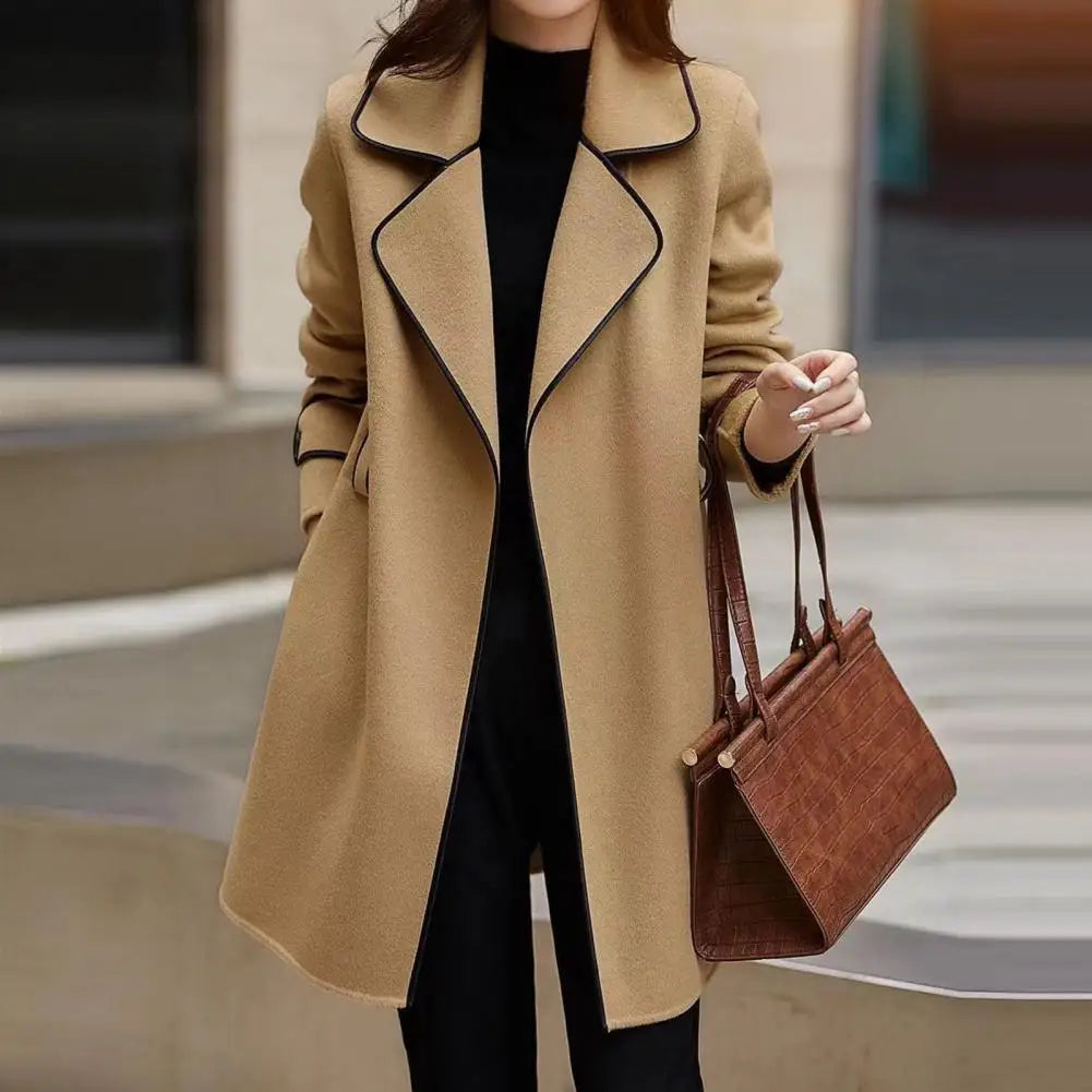 Stylish Women Outerwear Elegant Long Sleeves Autumn Winter Slim Fit Open Stitch Woolen Coat Ladies Jacket Streetwear