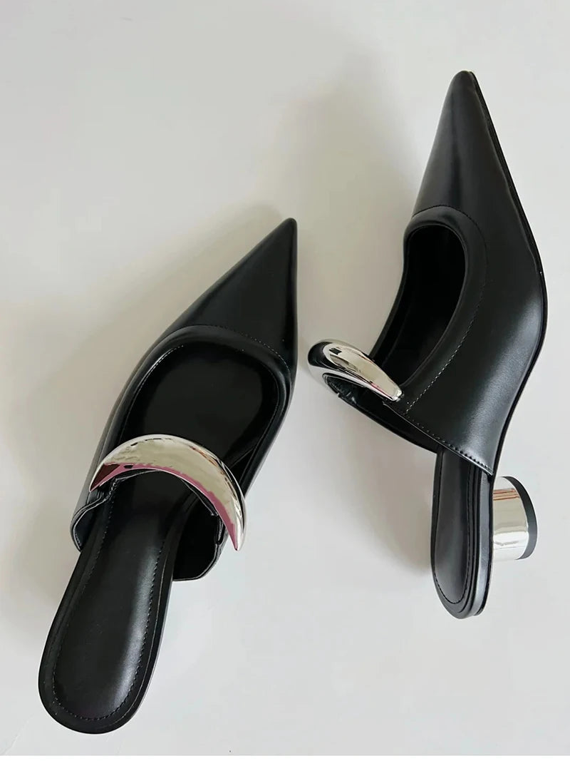 Thick Heel Women Mules Slippers Shoes Fashion Shallow Metal Decoration Slides Spring Autumn Outdoor Party Dress Shoes