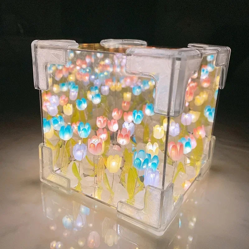 1pc Creative Diy Tulip Flower Sea Cube Three-Dimensional Small Night Lamp Material Package for Girlfriend Couple Girlfriend Gift