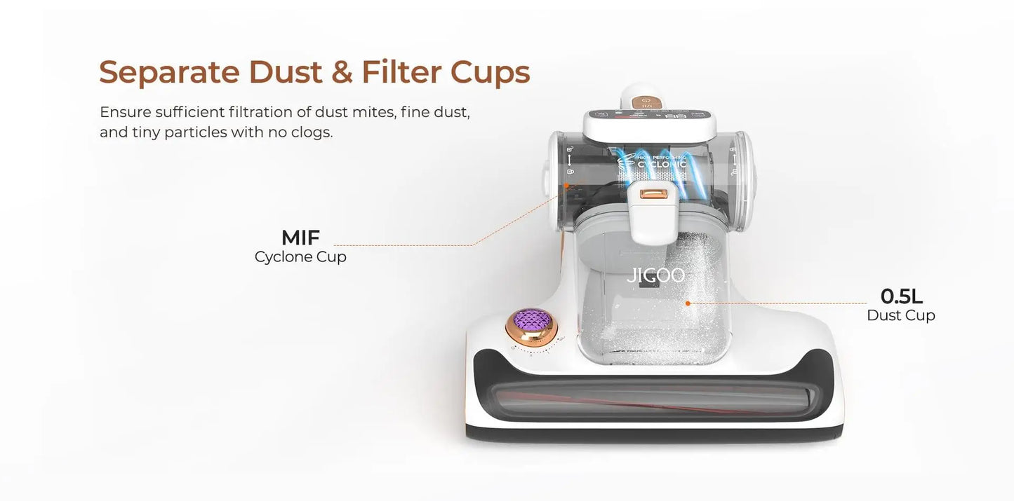 JIGOO T600 Dual-Cup Smart Mite Cleaner with Aroma-Diffuser System, 700W 15KPa Suction Dust Mite Sensor, UV Light Ultrasonic Tech