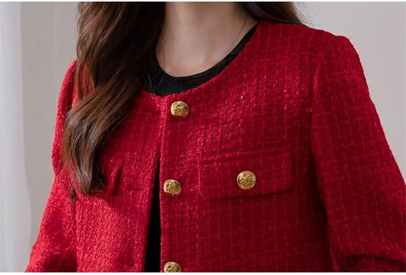 Women's Jacket 2024 Spring Autumn New Red Tweed Small Fragrance Coat Short Blazers Korean Fashion Elegant Female Tops Outerwear