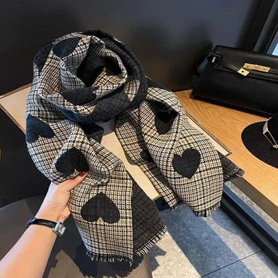 2023 New Double Side Cashmere Scarf Winter Women's Love Heart Plaid Ladies Long Thickened Warm Knitted Scarf Hijab Stole