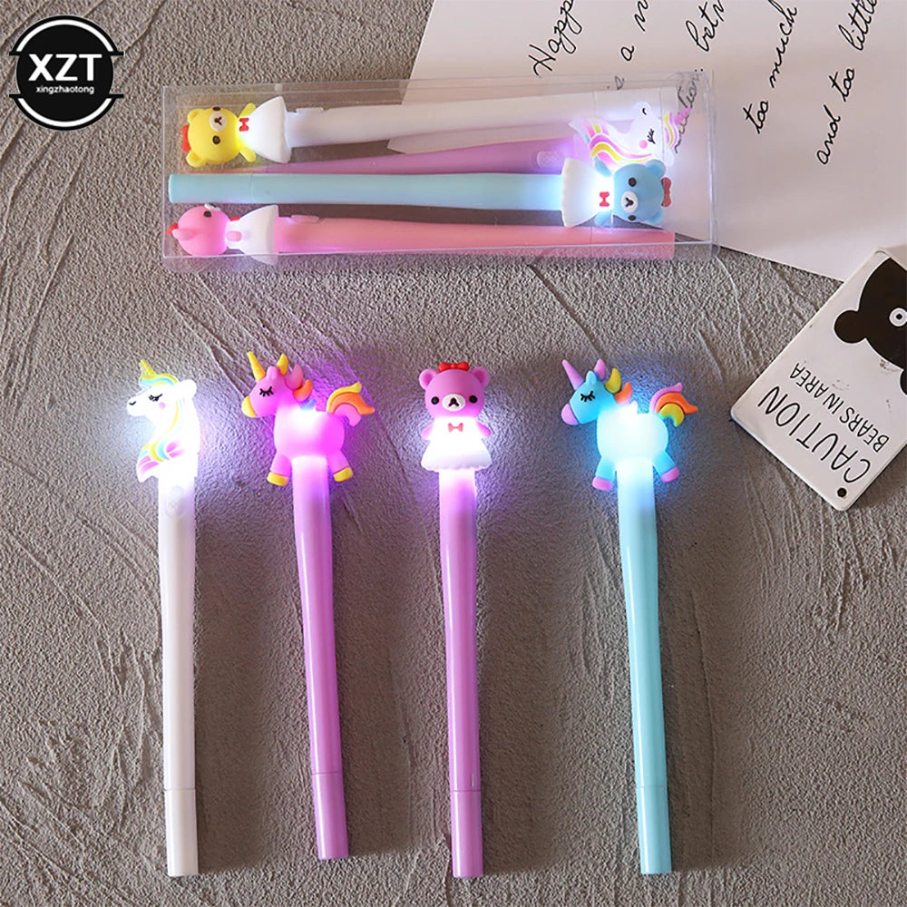 4pcs Gel Pen Unicorn Pen with LED Light Kawai Cute Girl Gel Ink Pen Luminous Pen School Stationery Children's Stationery