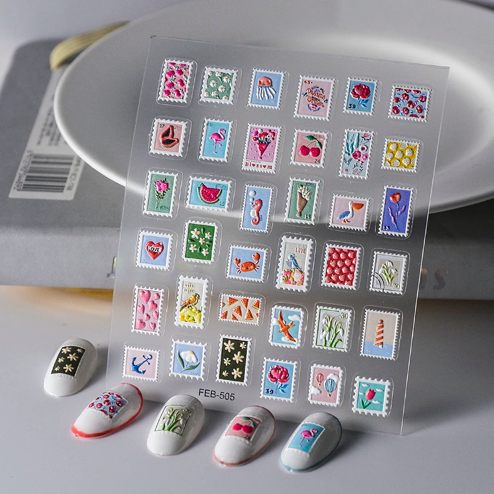 Post Stamp Design Nail Sticker Adhesive Sliders Textured Engraved Decoration Supplies FEB-505