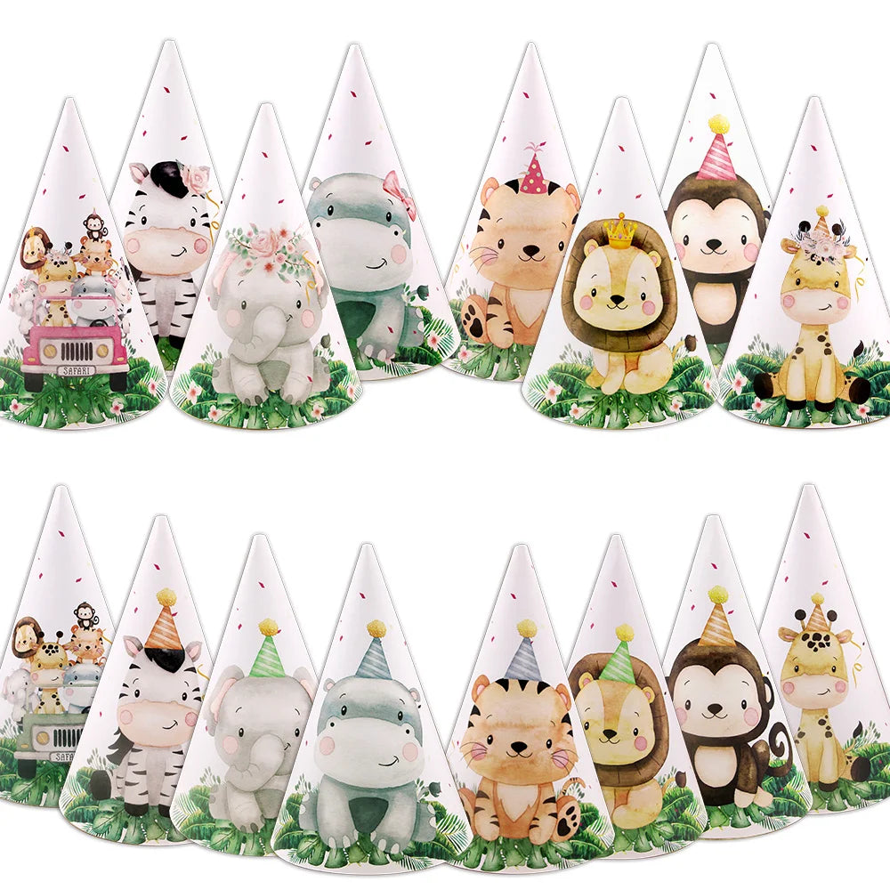 8pcs/set Carton Animal Paper Hat Tiger Lion Party Hats For Kids Jungle Safari Happy Birthday Decoration Baby Shower Supplies