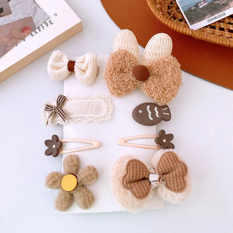 8pcs/set Sweet Girl Hair Clip Cartoon Bear Floral Bowknot Hair Pin for Toddler Girl Lovely Beige Coffee Color Kids Girl Headwear