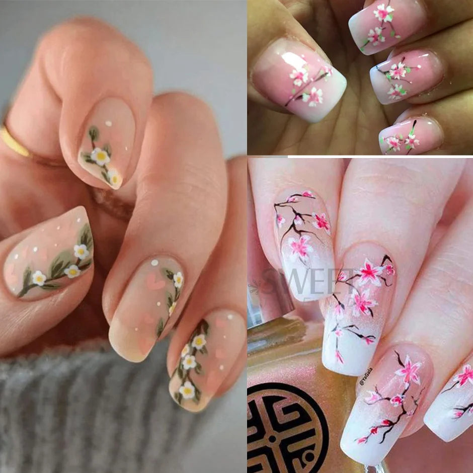 5D Pink Cherry Blossoms Sakura Nails Sticker Flower Vine Spring Nail Art Design Adhesive Sliders Elegant Manicure Decor Decals