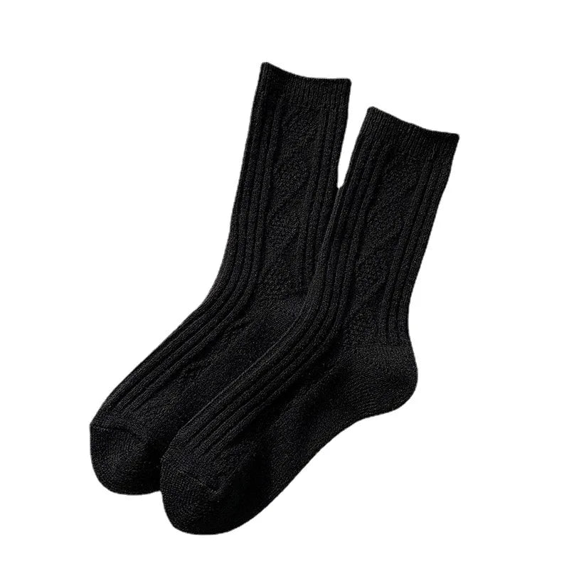 Autumn and Winter Diamond Check Wool Socks Coffee Color with Solid Color Women's Socks in The Tube Women's Warm Cotton Socks