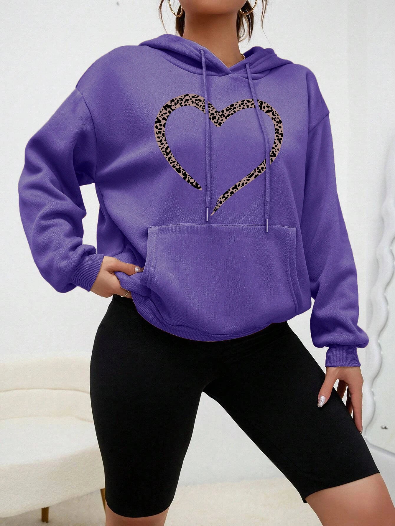 Leopard Print Heart Printed Clothes Women Vintage Pocket Streetwear Hip Hop Autumn Hoodies All-Match Comfortable Female Pullover