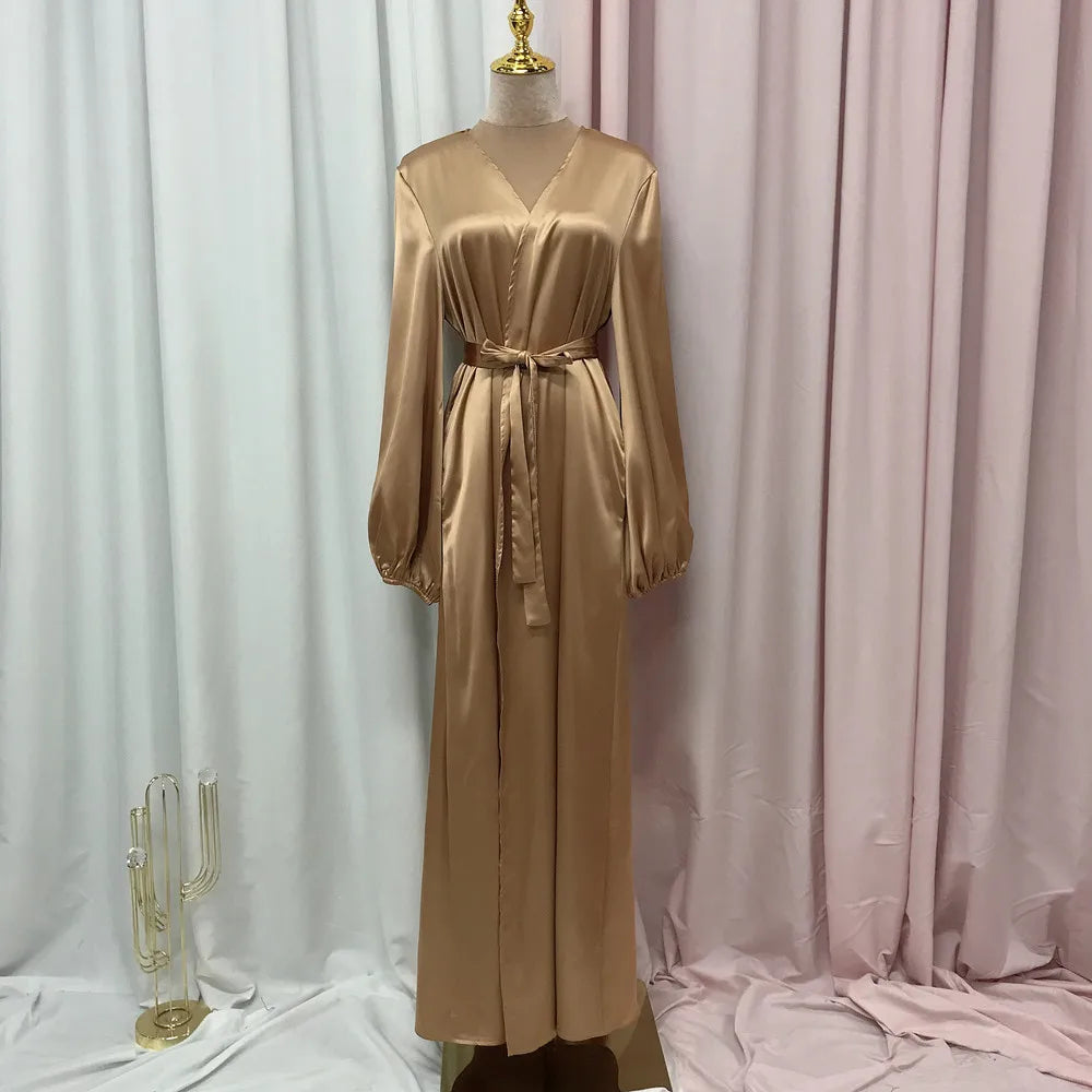 Ramadan Eid Fashion Silky Satin Muslim Abayas Robe Musulmane Abaya Cardigan Muslim Arab Worship Service Clothing Wy836