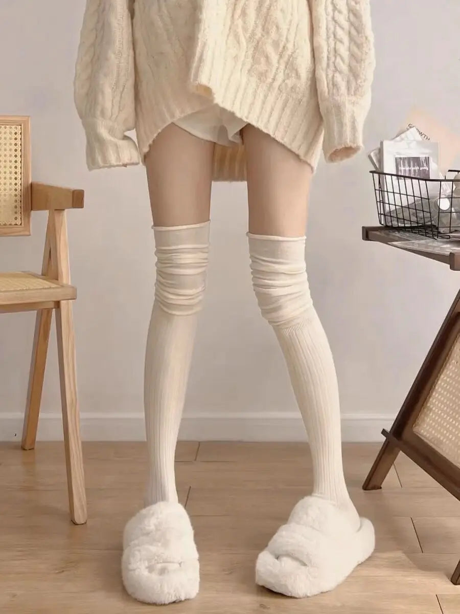 Solid Color Thigh High Stockings Women Trendy Casual Over The Knee Female Long Socks Thermal Warm Cotton Tall Tube Leggings