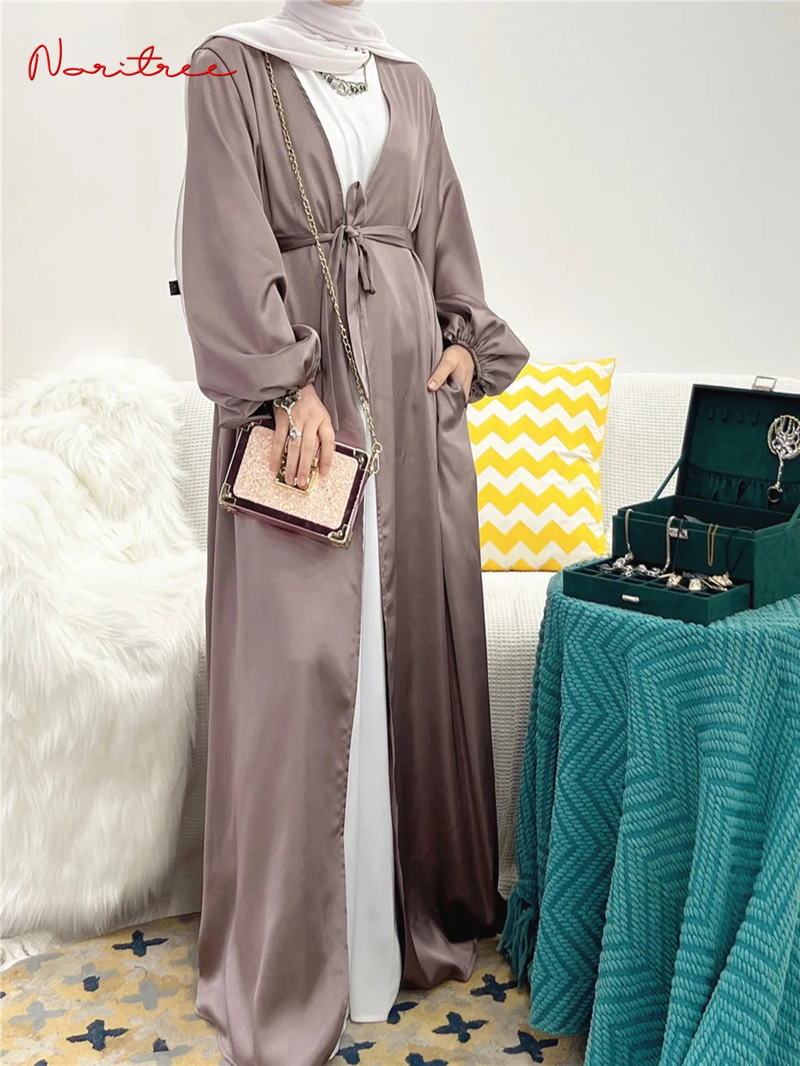 Ramadan Eid Fashion Silky Satin Muslim Abayas Robe Musulmane Abaya Cardigan Muslim Arab Worship Service Clothing Wy836